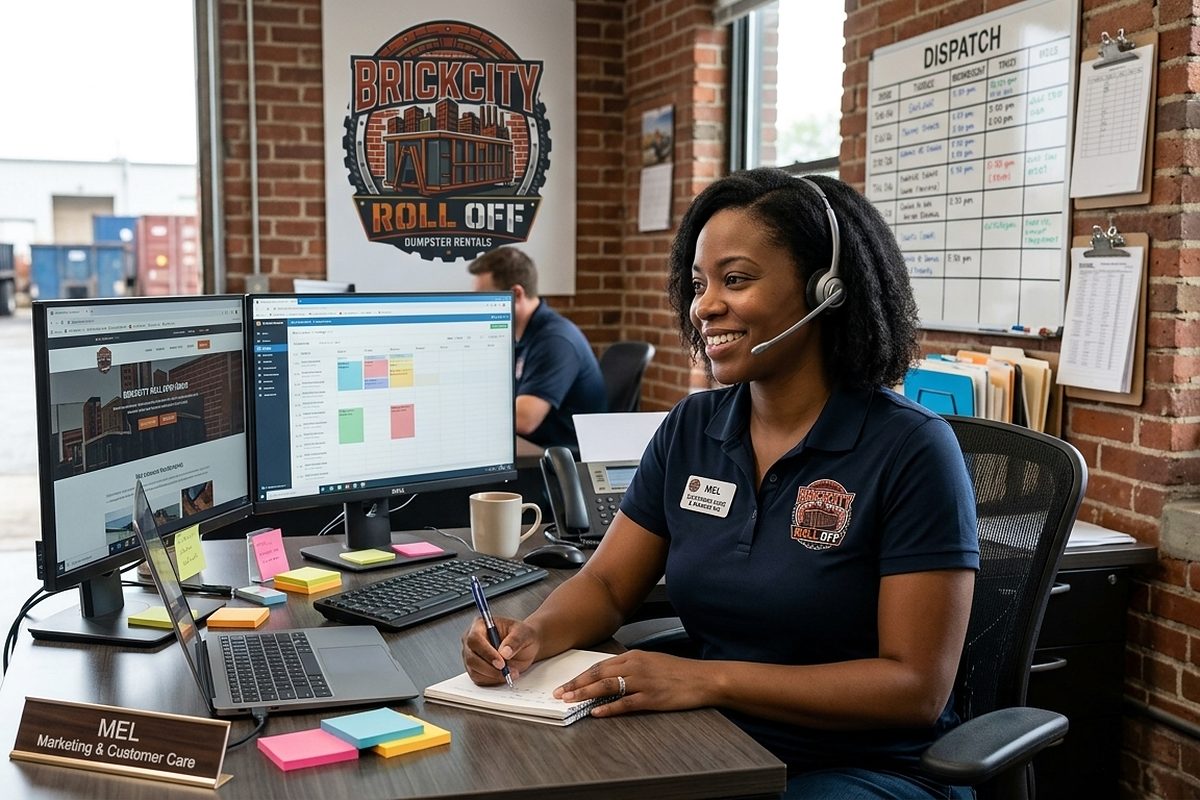 Mel of BrickCity Roll Off taking a customer call