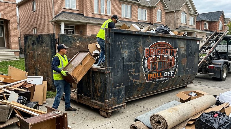 The BrickCity Roll Off crew loading a container on a driveway