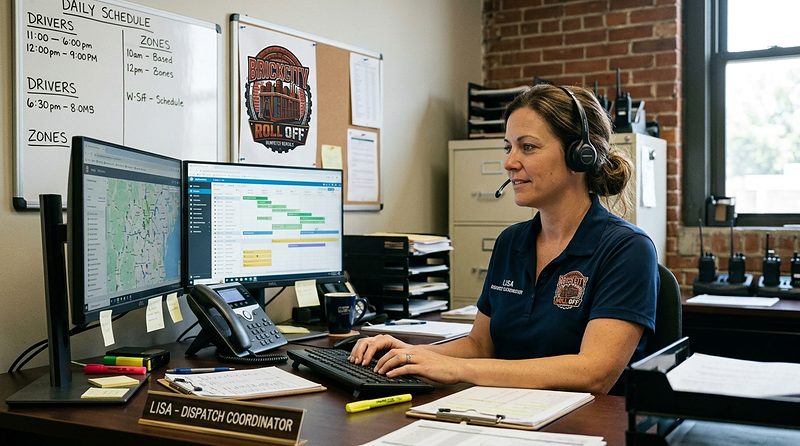 Lisa at the BrickCity Roll Off dispatch desk