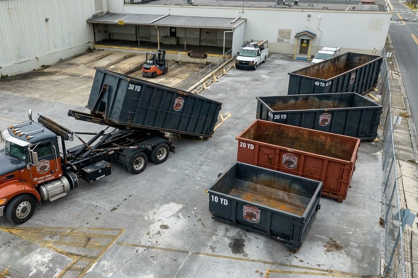 BrickCity Roll Off 10, 20, 30 and 40-yard roll-off containers and a roll-off truck in the company yard