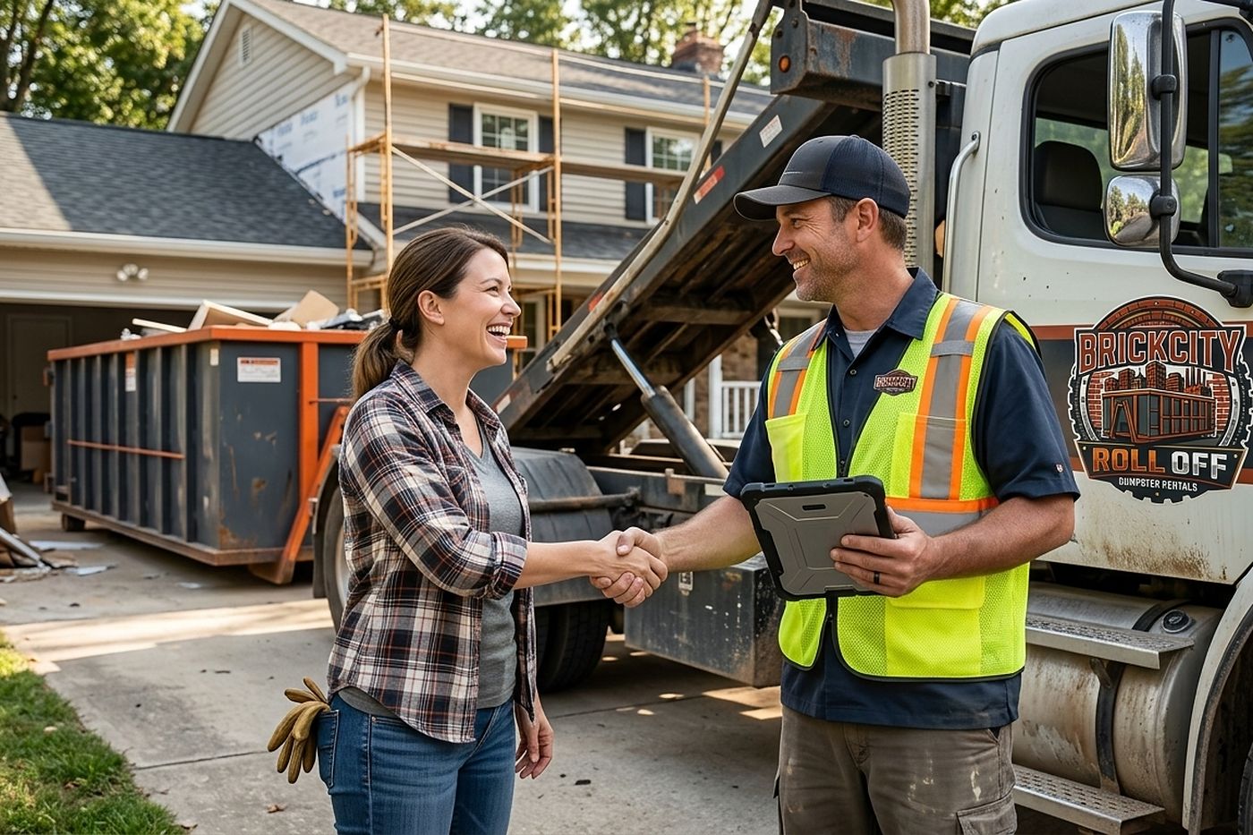 A BrickCity Roll Off driver shaking hands with a homeowner beside a delivered roll-off container