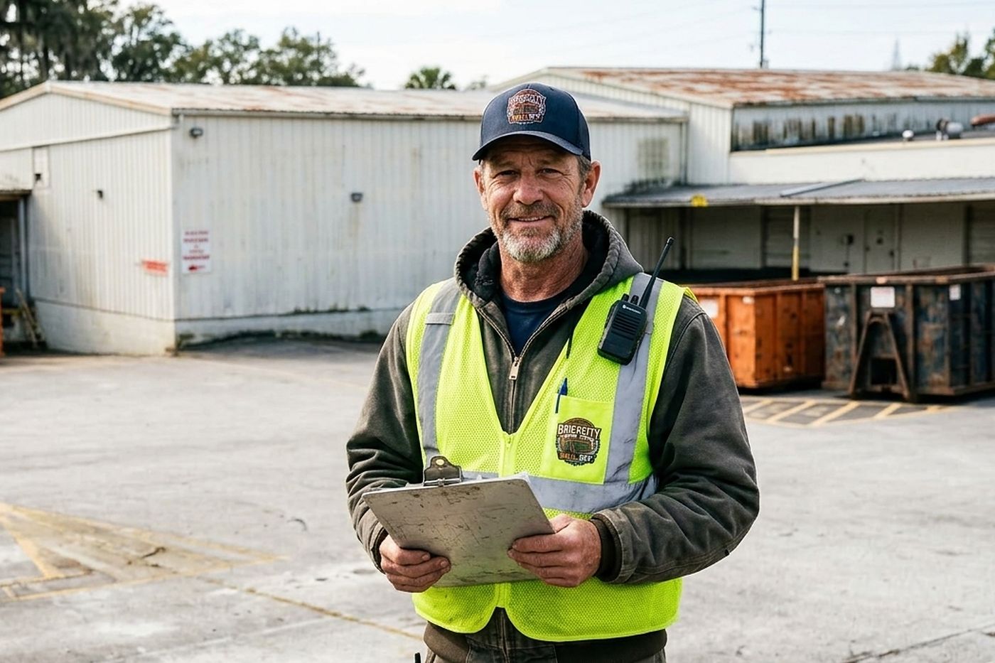 A BrickCity Roll Off crew member in the yard with containers ready for delivery
